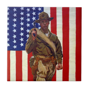 Azulejo Soldado Patriótico Vintage con Bandera Americana