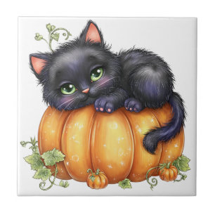 Azulejo Solo colgando, gatito descansando en calabaza