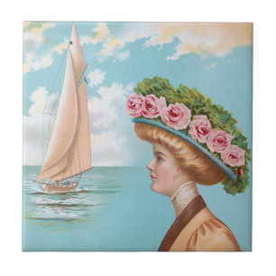 Azulejo Sombrero de Rosa Rosa Señora Vintage de la Costa A