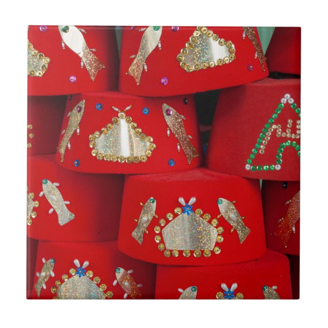 Azulejo Sombreros Fez Rojos En El Mercado (Frente)