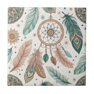 Azulejo Soñador Boho Místico Patrón de Aro y Plumas