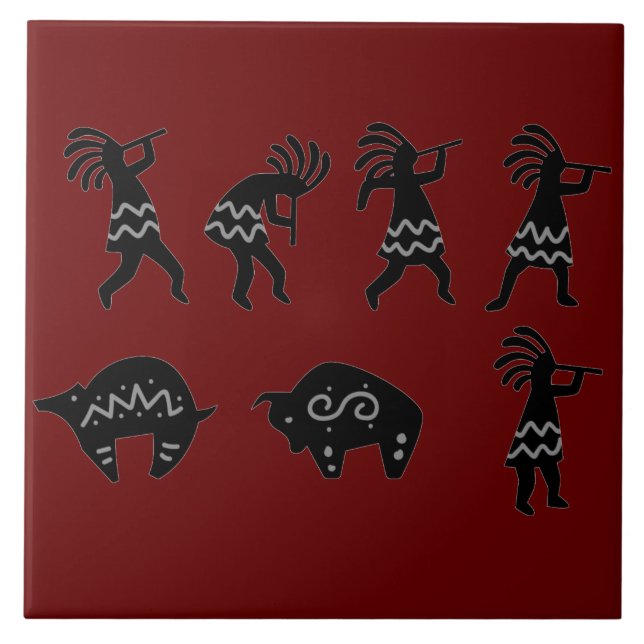 Azulejo Southwest Petroglyh Red Kokopelli (Frente)