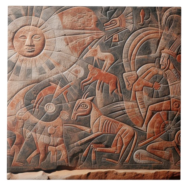 Azulejo Southwest Petroglyph Design Animals Moon Dancing (Frente)