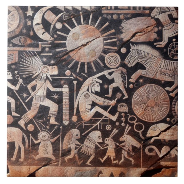 Azulejo Southwest Petroglyph Design Animals Moon Dancing (Frente)
