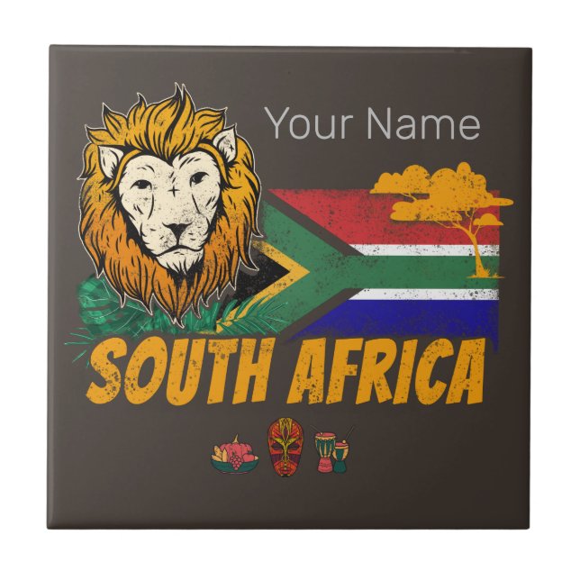 Azulejo Souvenir de Safari con bandera de León de Sudáfric (Frente)