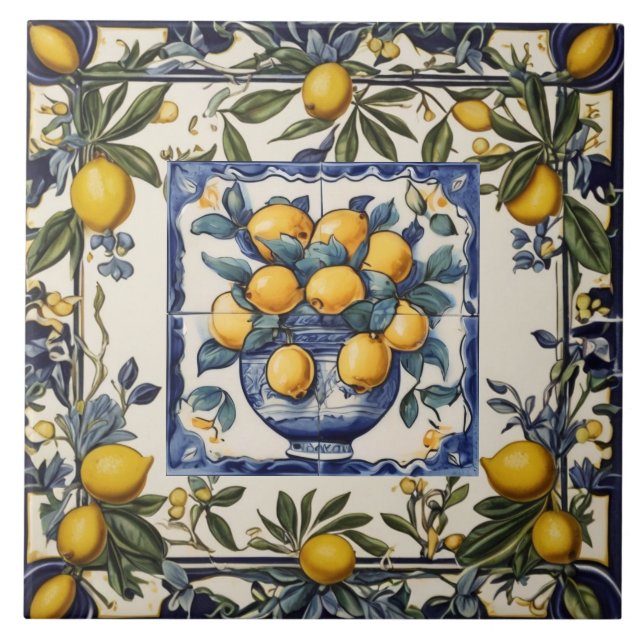 Azulejo Spanish Lemons in Vase Pot Blue & White (Frente)