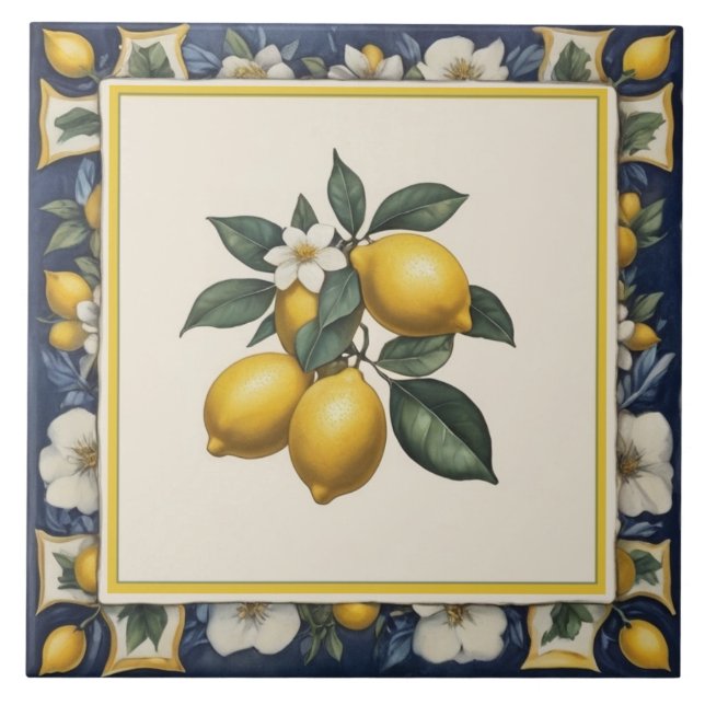 Azulejo Spanish Lemons on Branch Lemon Leaves Blue & White (Frente)