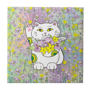 Azulejo Spring Bouquet Maneki Neko (Gato Suertudo)