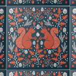 Azulejo Squirrel Forest Woodland<br><div class="desc">Bosque de ardilla roja con conos de pino,  ramas de pino,  bellotas,  hojas de roble y bayas sobre un fondo verde verde azulado oscuro. Perfecto para una casa lago o decoración de temporada. Arte original de Nic Squirrell.</div>