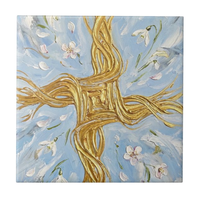 Azulejo St Brigid's Cross Snowdrops Golden Imbolc Art (Frente)