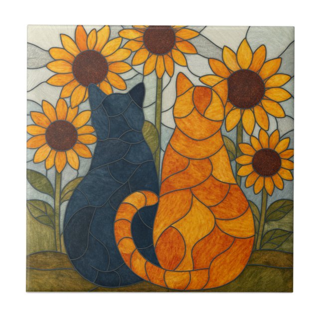 Azulejo Stained Glass Cats and Sunflowers Art Design (Frente)