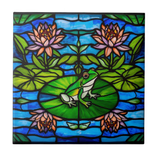 Azulejo Stained Glass Green Frog and Water Lily Flowers 
