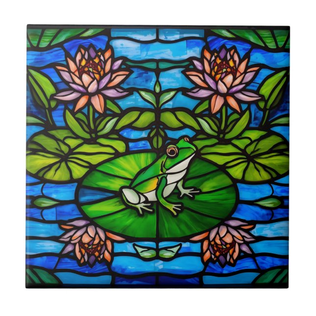 Azulejo Stained Glass Green Frog and Water Lily Flowers  (Frente)