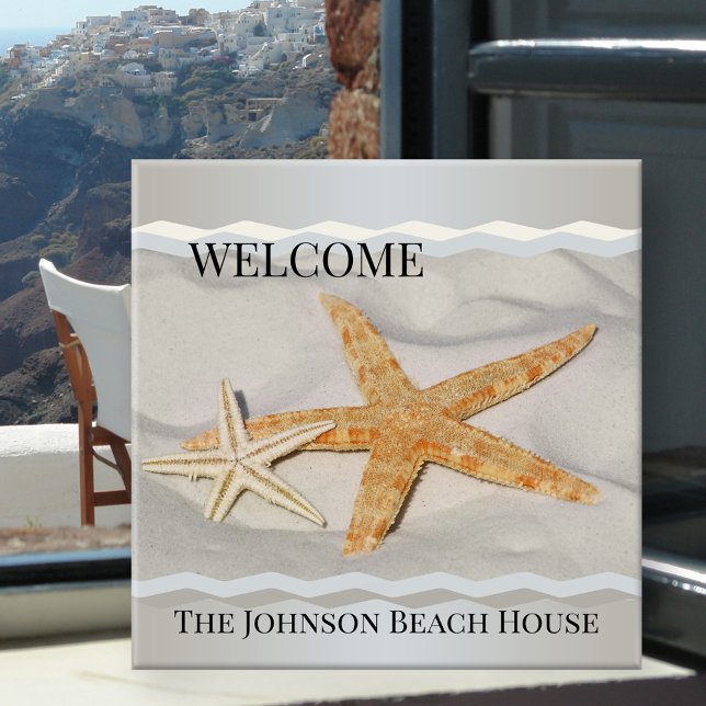 Azulejo Starfish Sandy Beach House Ceramic Tile (Beach house ceramic tile featuring two starfish on the sand with a wave design)