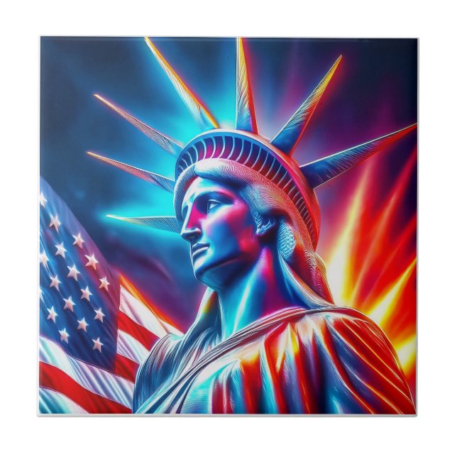 Azulejo  Statue Of Liberty  Red White  Blue With Flag (Frente)