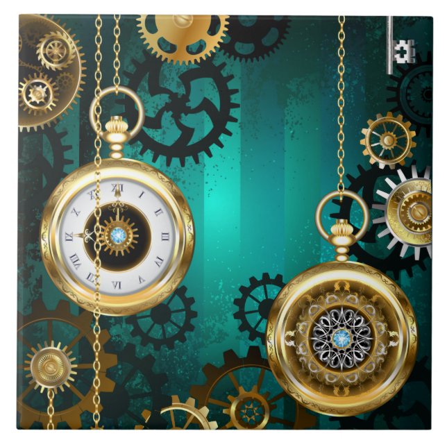 Azulejo Steampunk Jewelry Watch sobre un fondo verde (Frente)