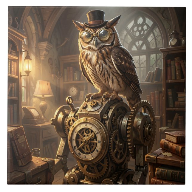 Azulejo steampunk owl clockwork art tile (Frente)