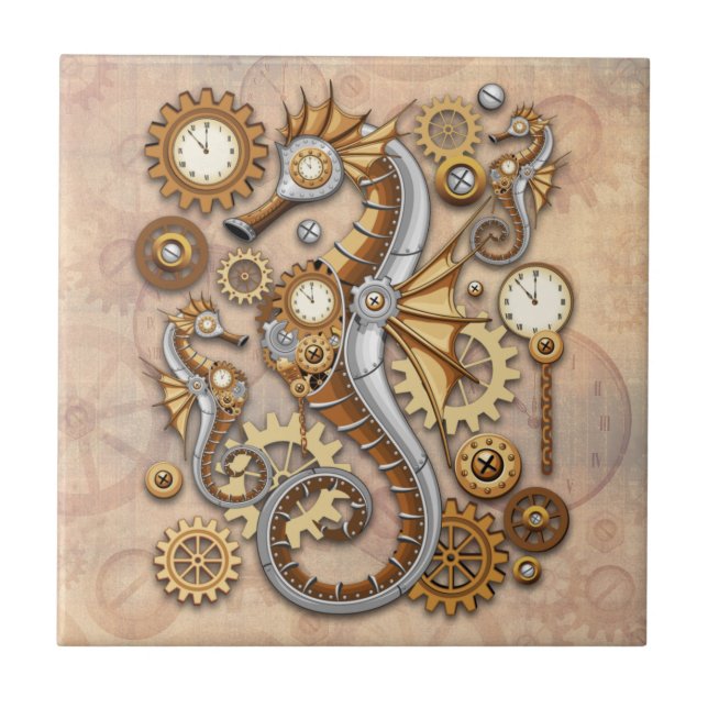 Azulejo Steampunk Seahorse Vintage Surreal Art (Frente)