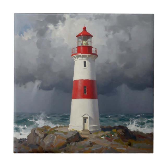 Azulejo Stormy Red Lighthouse Coastal  (Frente)