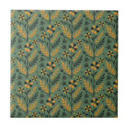 Azulejo Stylized botanical orange and black floral pattern