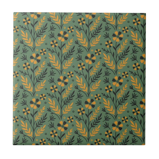 Azulejo Stylized botanical orange and black floral pattern (Frente)