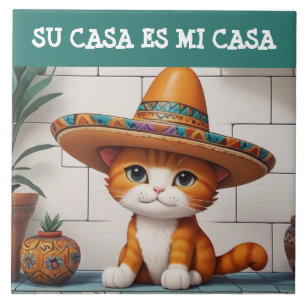 Azulejo Su Casa es Mi Casa - Divertido Humor de Gato Españ