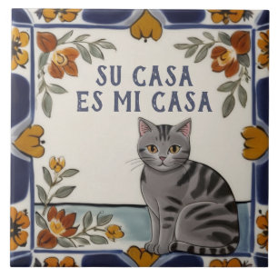Azulejo Su Casa es Mi Casa - Divertido Humor de Gato Españ