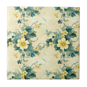 Azulejo Suave Floral de Algodón Beige y Verde Acuático