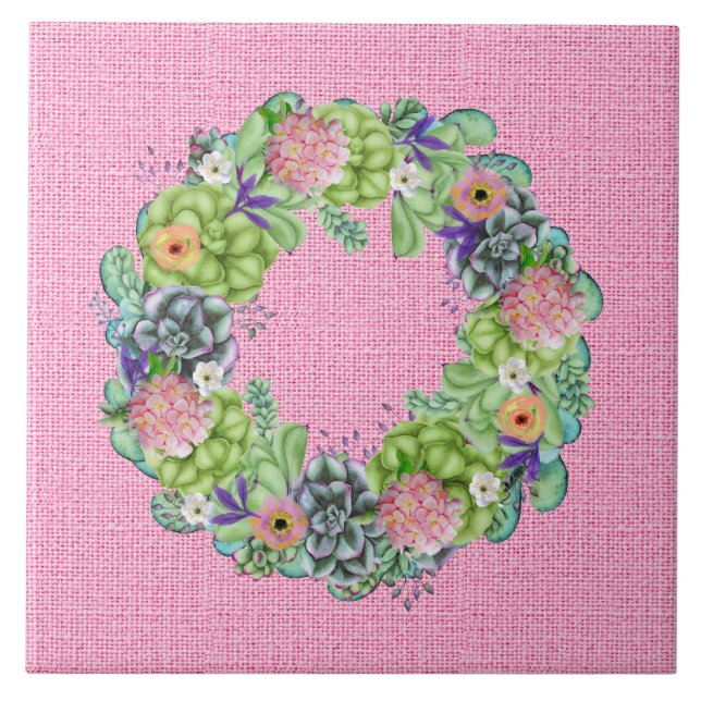 Azulejo Suculenta Wreath floral acuática sobre rosa (Frente)