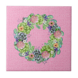 Azulejo Suculenta Wreath floral acuática sobre rosa