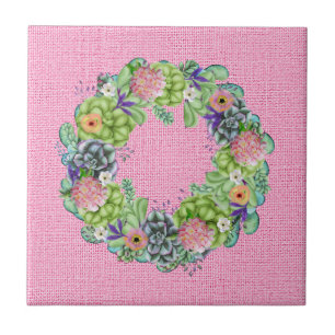 Azulejo Suculenta Wreath floral acuática sobre rosa