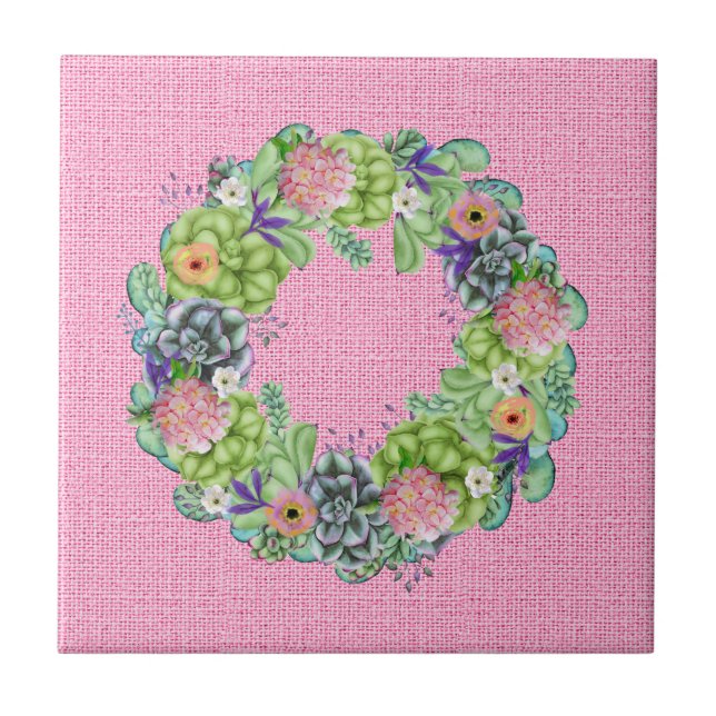 Azulejo Suculenta Wreath floral acuática sobre rosa (Frente)