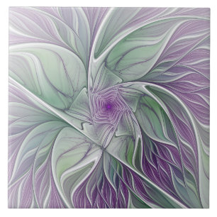 Azulejo Sueño de flores, abstracto arte fractal verde púrp