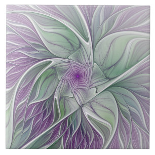 Azulejo Sueño de flores, abstracto arte fractal verde púrp