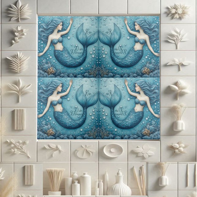 Azulejo Sumérgete Sueña Eleva Sirena del Océano Aqua azul  (Dive Dream Rise Ocean Mermaid Aqua blue Coral Reef Ceramic Tile)