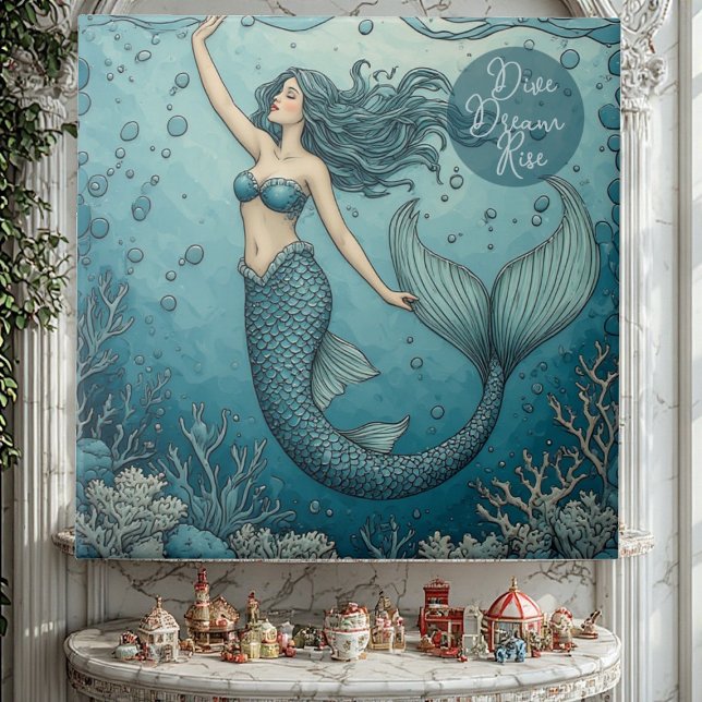 Azulejo Sumérgete Sueña Levanta Océano Arrecife de Coral S (Dive Dream Rise Ocean Coral Reef Mermaid Inspiring Ceramic Tile)