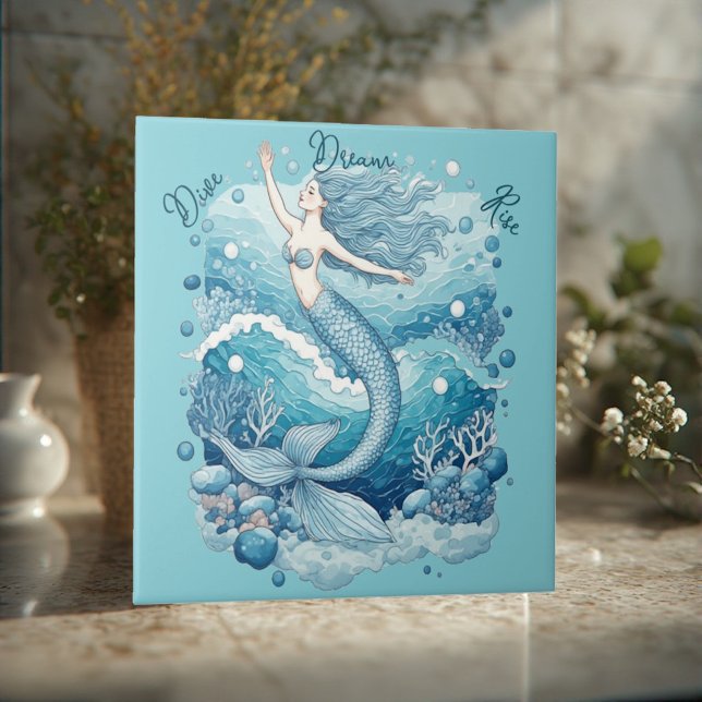 Azulejo Sumérgete Sueña Levántate Océano Sirena Empoderami (Dive Dream Rise Ocean Mermaid Aquablue Empowerment Ceramic Tile)
