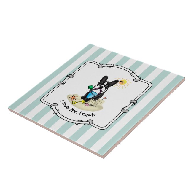 Azulejo Summer Beach Boston Terrier Dog (negro) Cute (Lado)