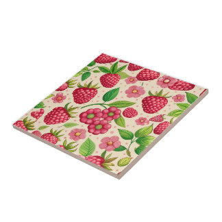 Azulejo Summer Raspberry Garden Botanical Fruit Pattern