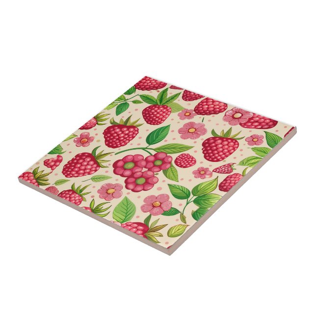 Azulejo Summer Raspberry Garden Botanical Fruit Pattern (Lado)