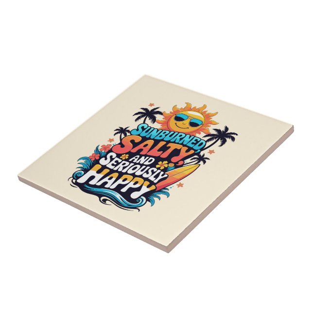 Azulejo Sunburned Salty and Happy – Retro Beach Vibes (Lado)