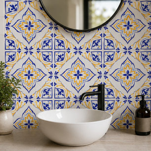 Azulejo Sunburst Bloom Elegant Blue Gold Floral Mosaic 