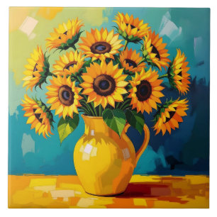 Azulejo Sunflower amarillo con fondo turquesa
