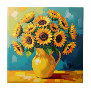 Azulejo Sunflower amarillo con fondo turquesa