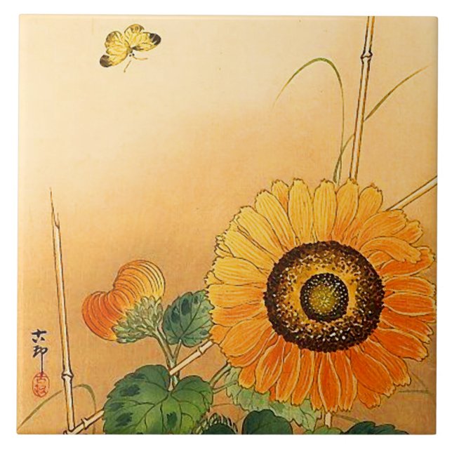 Azulejo SUNFLOWER ,BUTTERFLY,GREEN DEJA Floral japonesa (Frente)