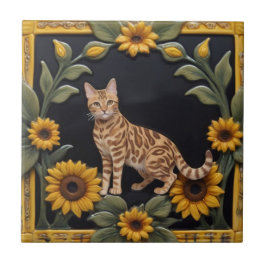 Azulejo Sunflower Cats - Bengal Cat & Yellow Sunflowers