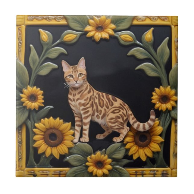 Azulejo Sunflower Cats - Bengal Cat & Yellow Sunflowers (Frente)