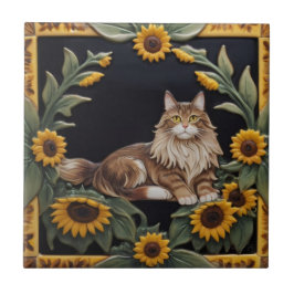 Azulejo Sunflower Cats - MaineCoon Cat & Yellow Sunflowers