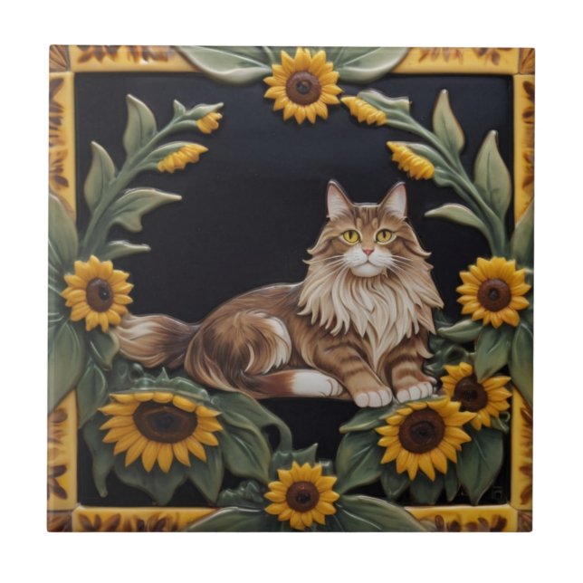 Azulejo Sunflower Cats - MaineCoon Cat & Yellow Sunflowers (Frente)