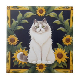 Azulejo Sunflower Cats - Ragdoll Cat & Yellow Sunflowers